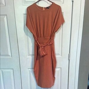 Brown and Orange Midi Dress with Tie Front and Dolman Sleeves